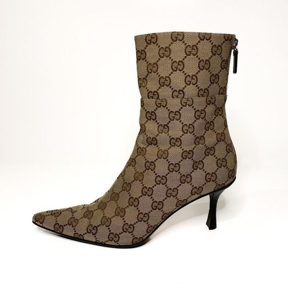 Gucci Monogram Double G Logo Canvas Calf Booties US 8 Brown Beige Supreme Heels - Picture 1 of 12